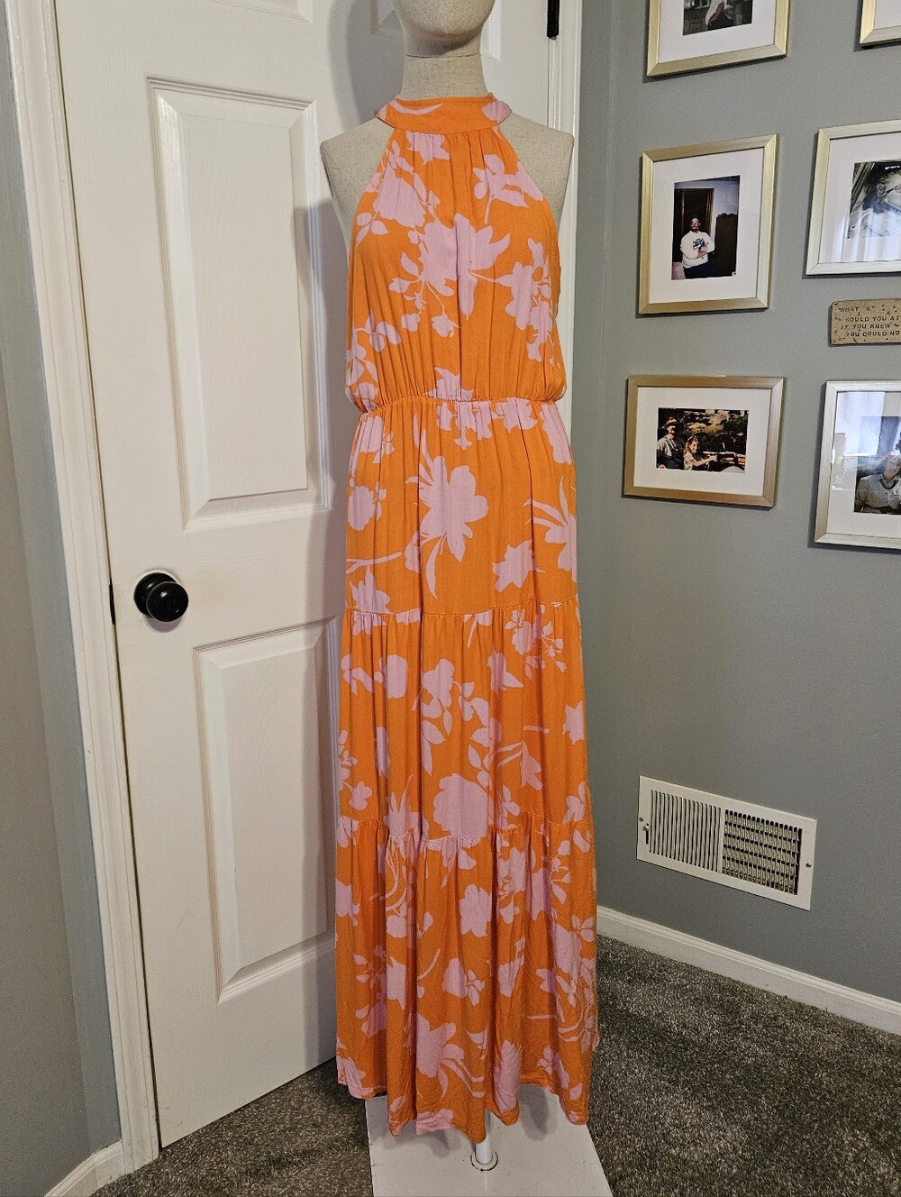 SHEIN Orange Maxi Dress with Pink Floral Print